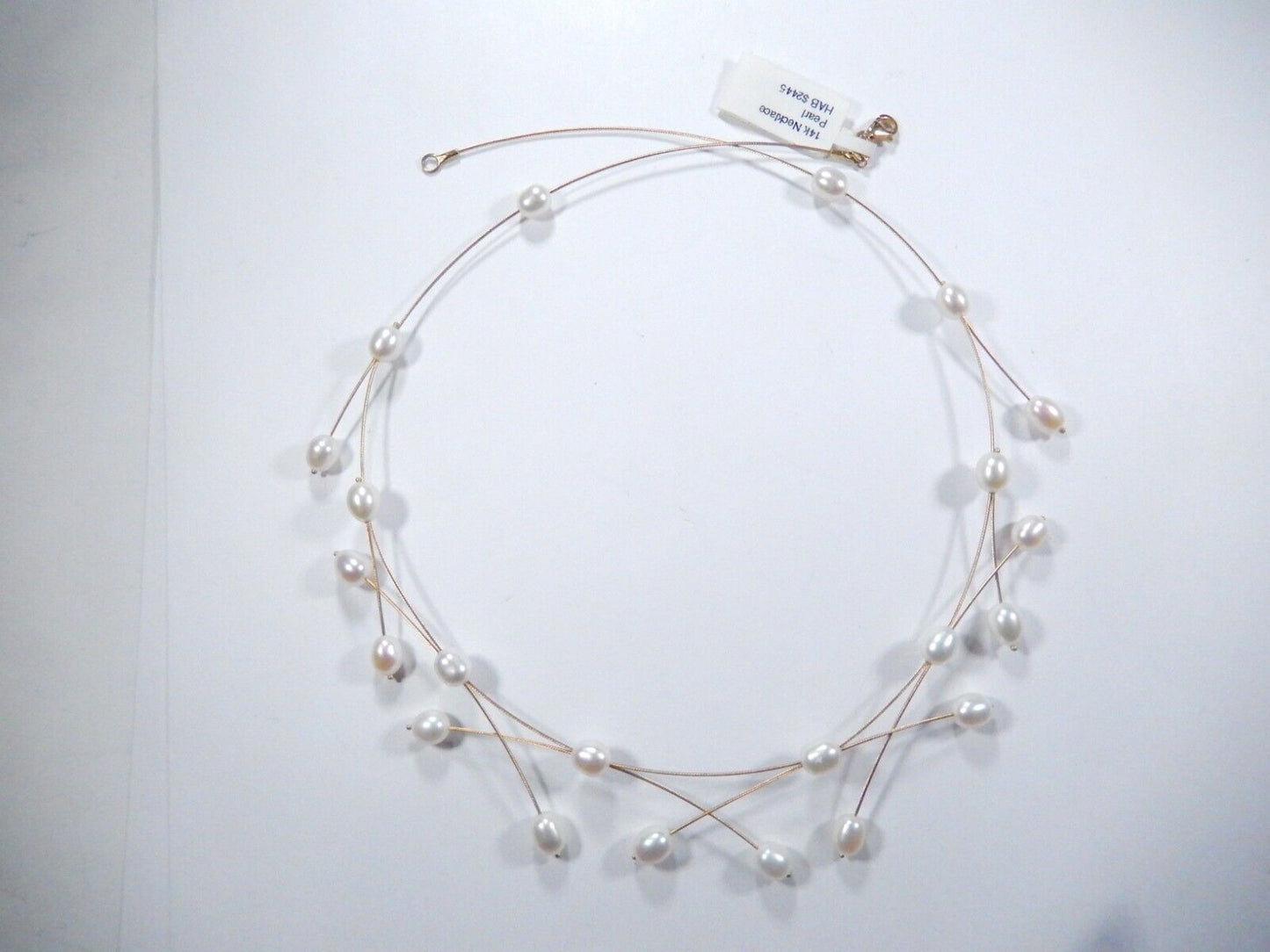 Solid 14k Yellow Gold Wire 7.5mm x 5.5mm 22 White Pearls  17" Necklace 9.8 gms