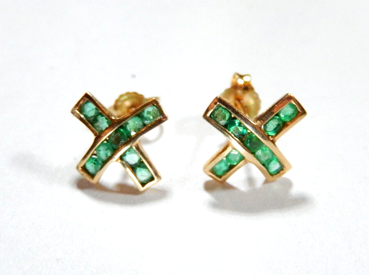 10K Yellow Gold Natural Bright Green Emerald Earrings Criss Cross "X" Shape