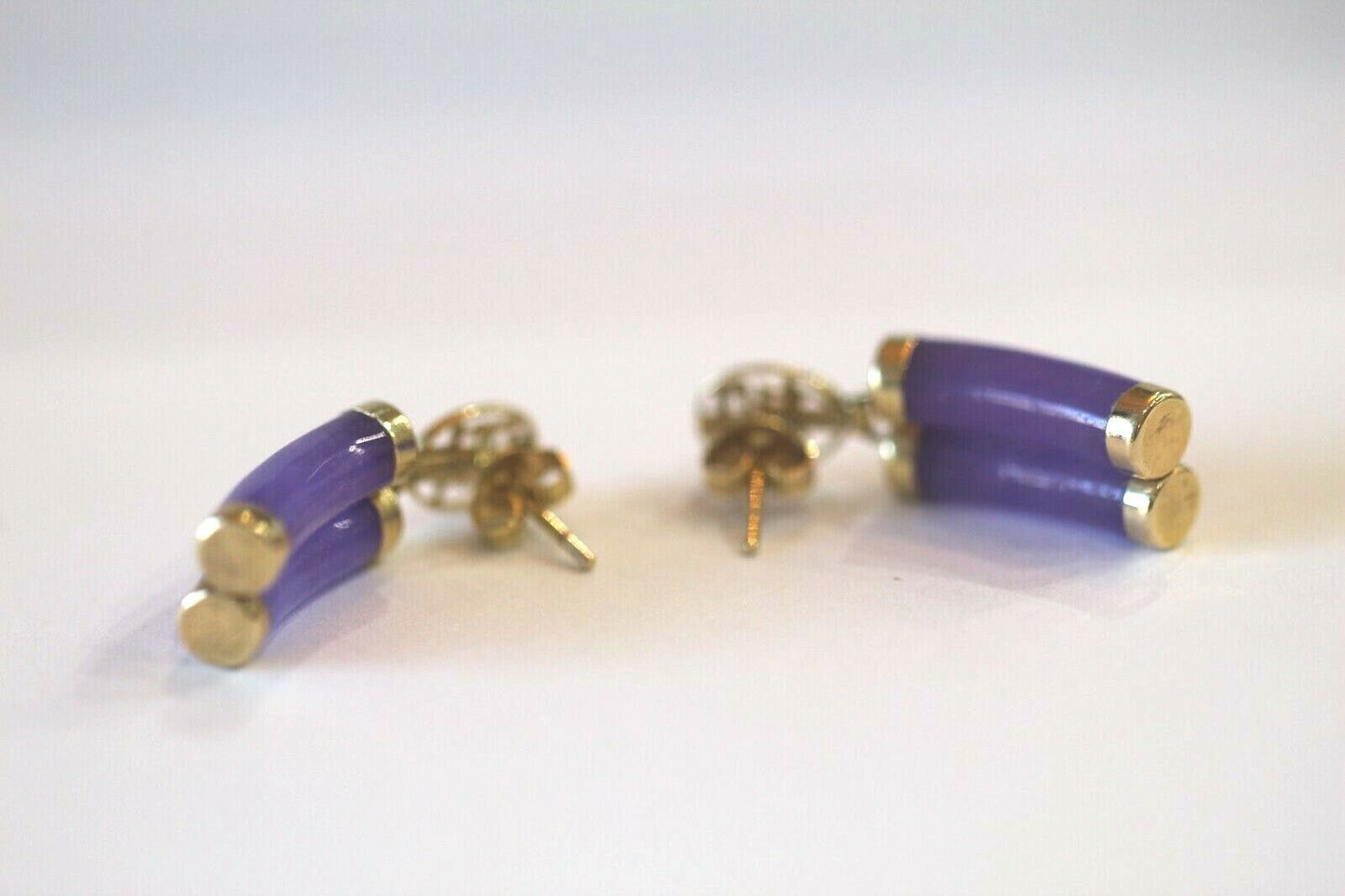 *VINTAGE*  14k Yellow Gold LONGEVITY Chinese Symbol  Amethyst Dangle Earrings