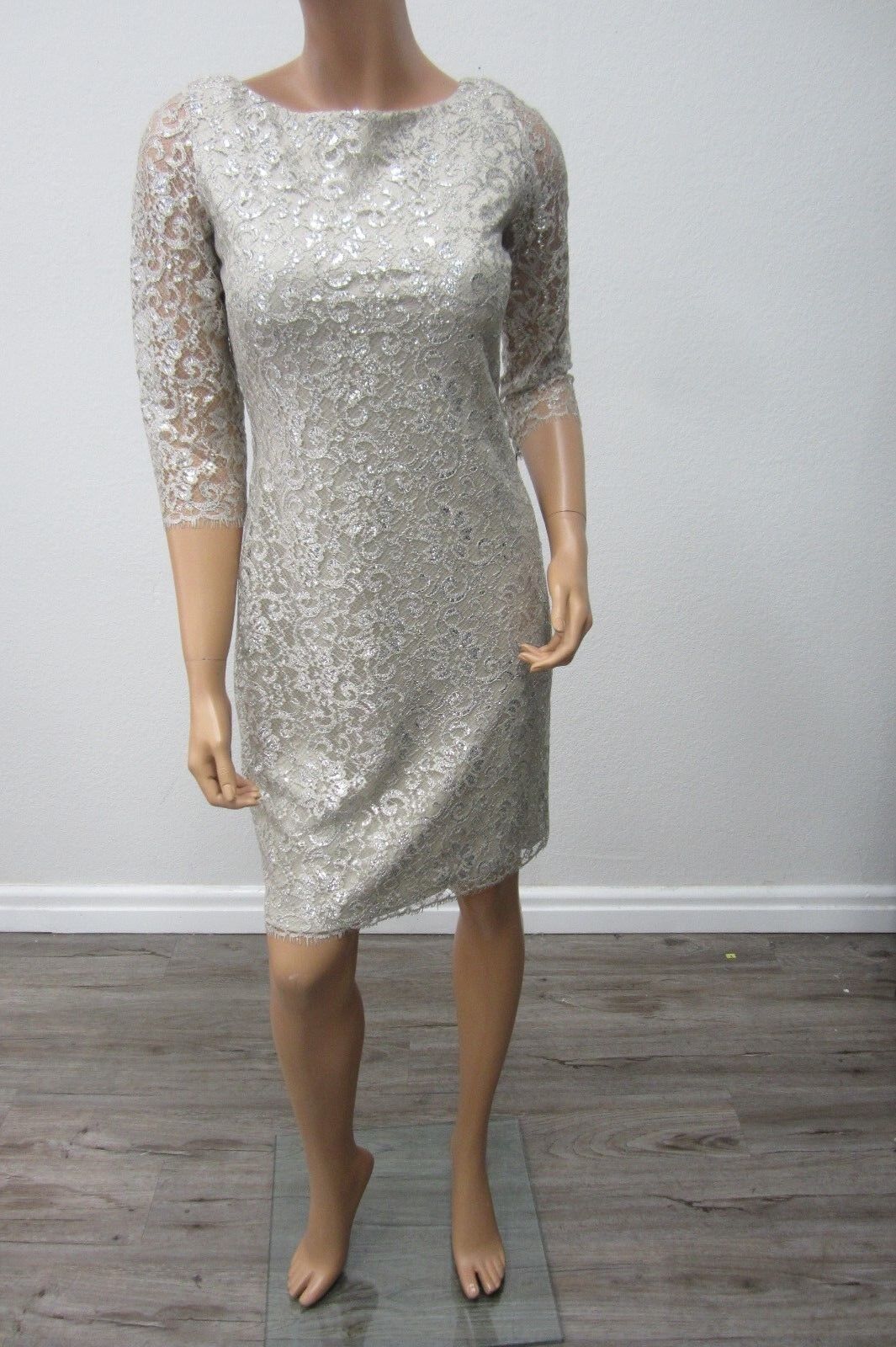 NWT CALVIN KLEIN COLLECTION  Lace Dress  Silver with Silver Metalic Thread Siz 6