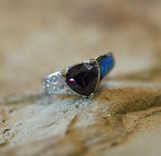 *VINTAGE*   AMETHYST  &  FIRE OPAL Ring with CZ  925 STERLING SILVER Sz 7.5