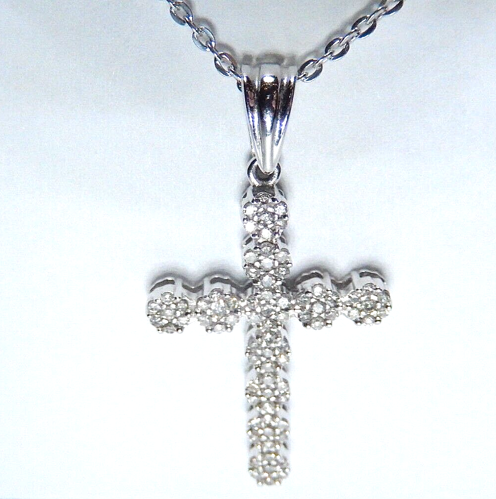 *NEW* 10k White Gold .40CT 77 Natural Diamond Cross Pendant w/18" Chain