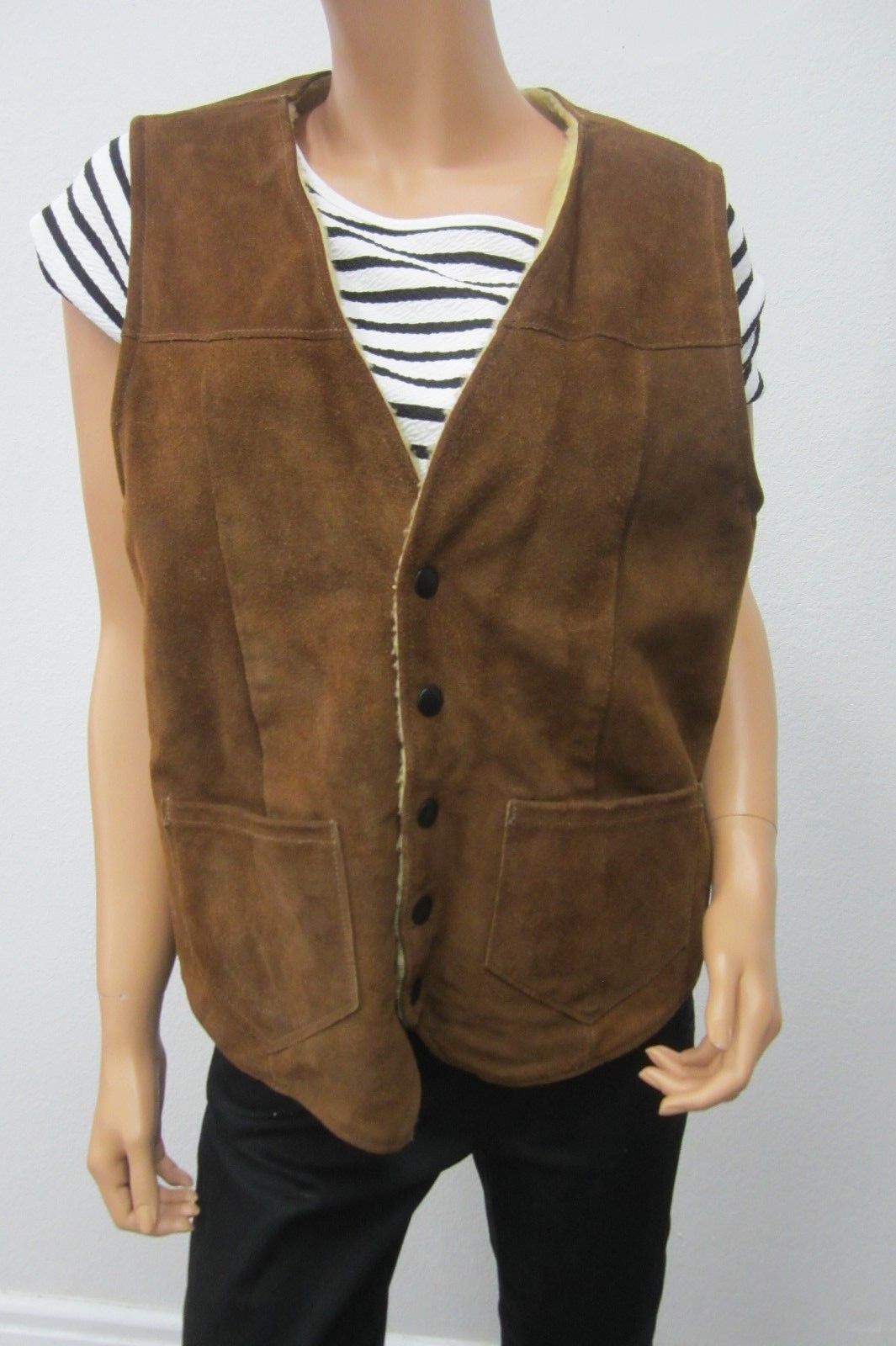 VTG JOO KAY-42-MED Suede Leather Vest Shearling Sherpa Lining Brown - USA Made