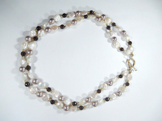 *VINTAGE*  9.50mm Flat Coin Pearl & Smoky Quartz Beads & Gold Beads Necklace 16"