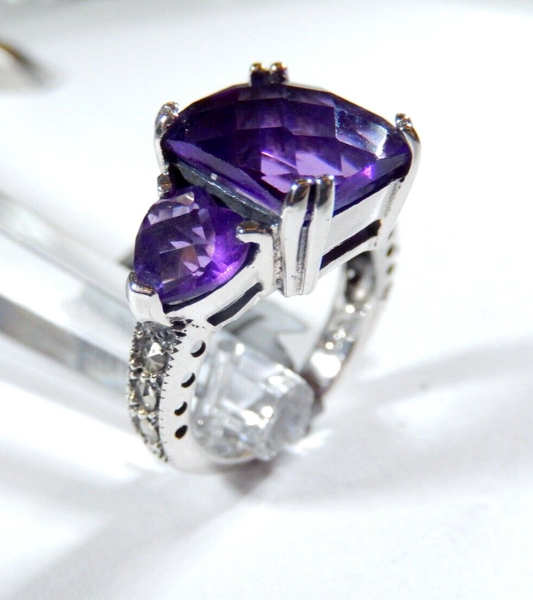 *VINTAGE*  Sterling Silver 8.00 CT Checkerboard Amethyst Three Stone Ring Size 7