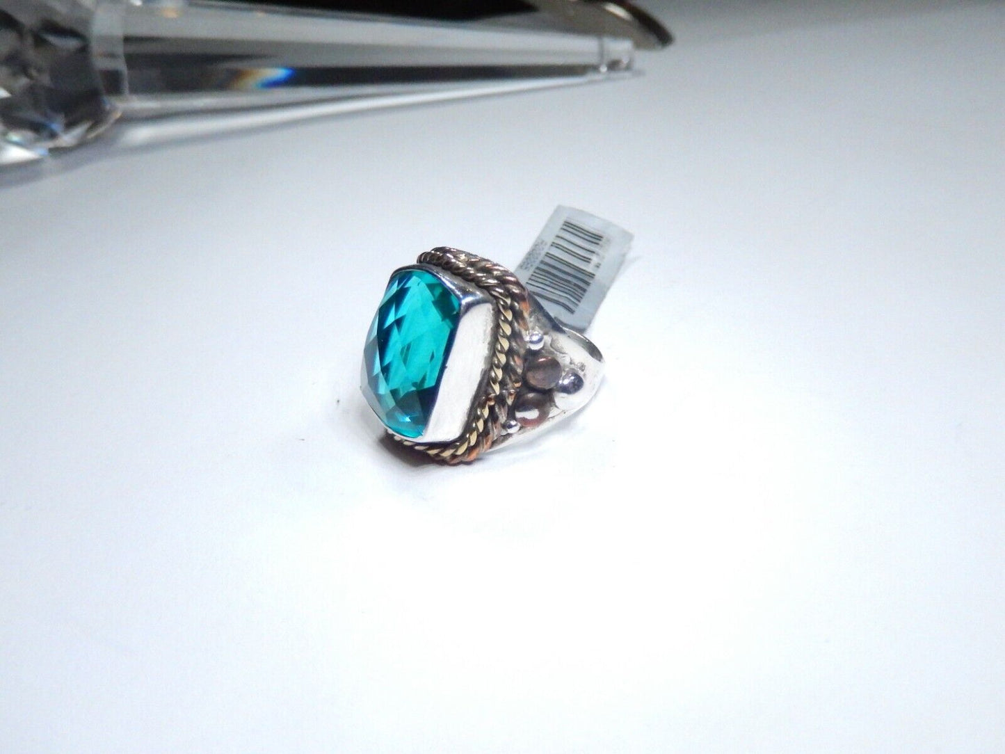 *VINTAGE Handmade Sterling Silver 13.0 CT Blue Topaz Bead & Rope Design Ring Sz7