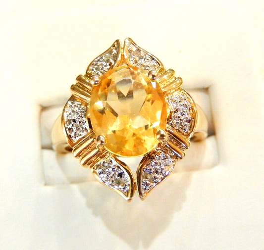 14k Yellow Gold Vermeil Sterling  10.0CT Citrine & Natural Diamond Ring Sz10.25