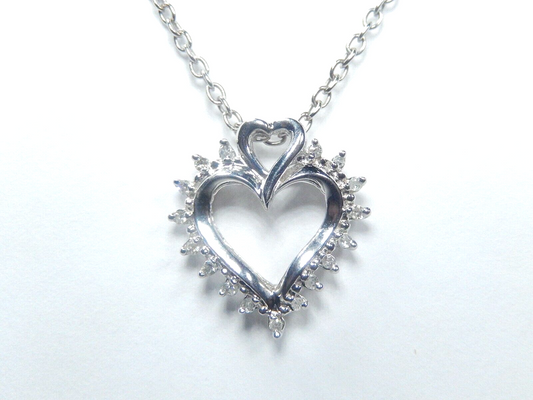 10k White Gold Womens 17 Diamond .25CT Double Heart Pendant w/18"chain