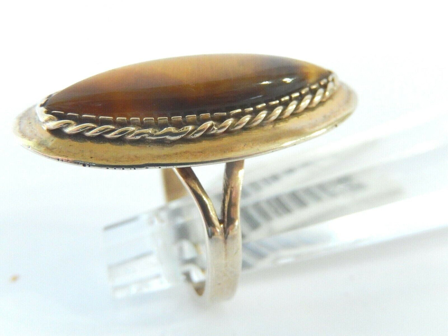 *VINTAGE* LADIES 14K YELLOW GOLD LONG  30mm TIGERS EYE RING SIZE 6