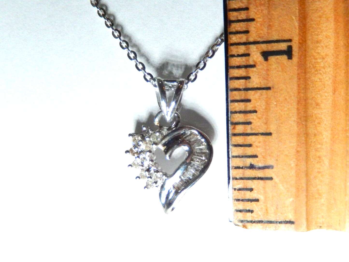 10K White Gold  .25ct Natural Round & Baguette Diamond Heart Pendant w/18" Chain