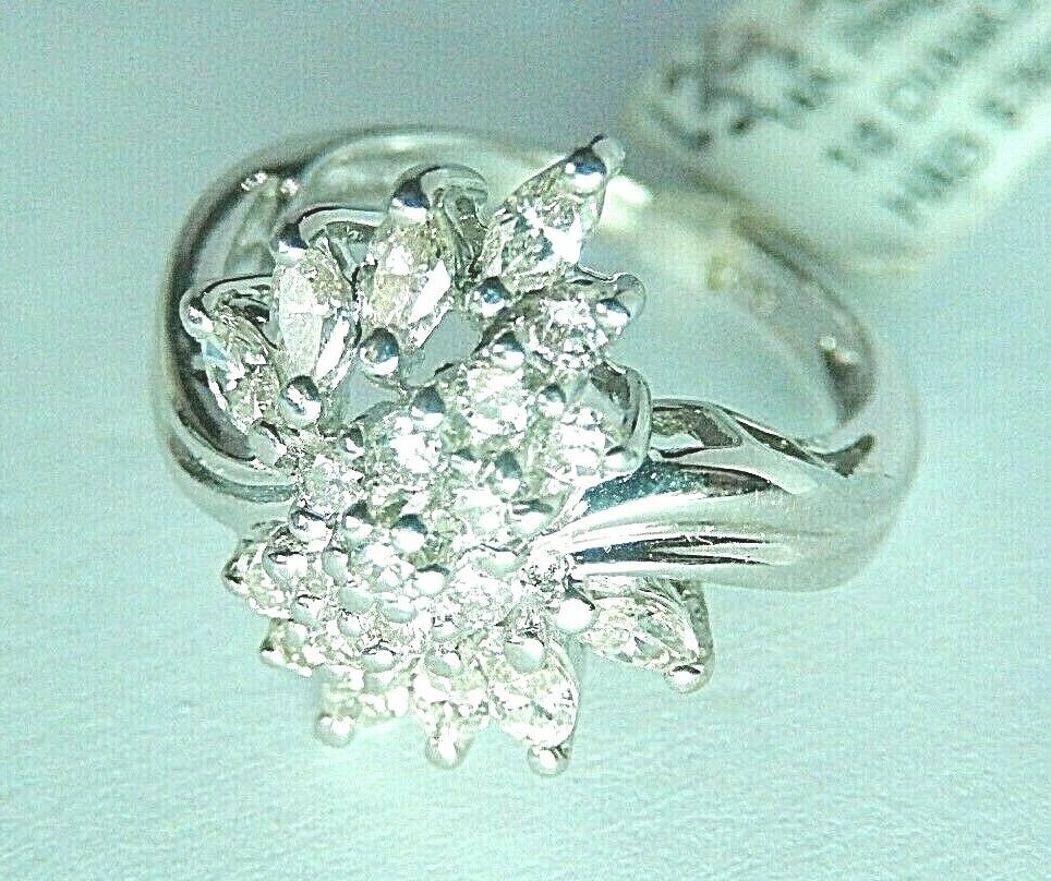 14k White Gold 1 Ct Tw Natural VS Diamond Engagement or Cluster Ring Size 5.25