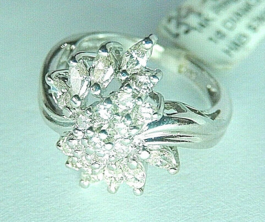 14k White Gold 1 Ct Tw Natural VS Diamond Engagement or Cluster Ring Size 5.25