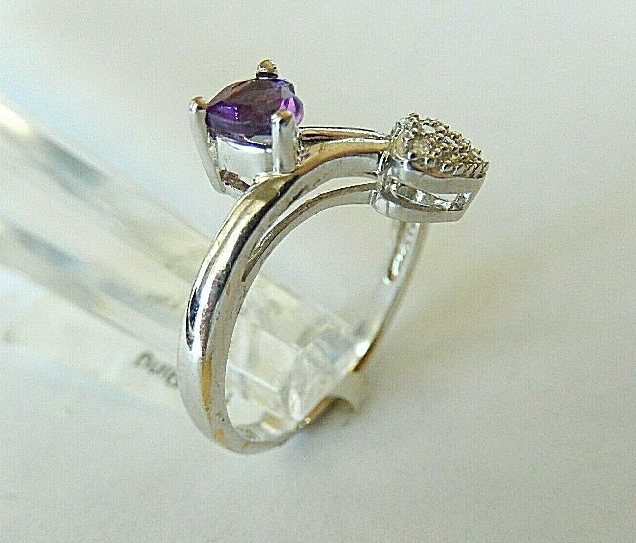 *NWT* 10k White Gold Ladies Heart Amethyst & Heart Diamond Bypass Ring Sz 7.25