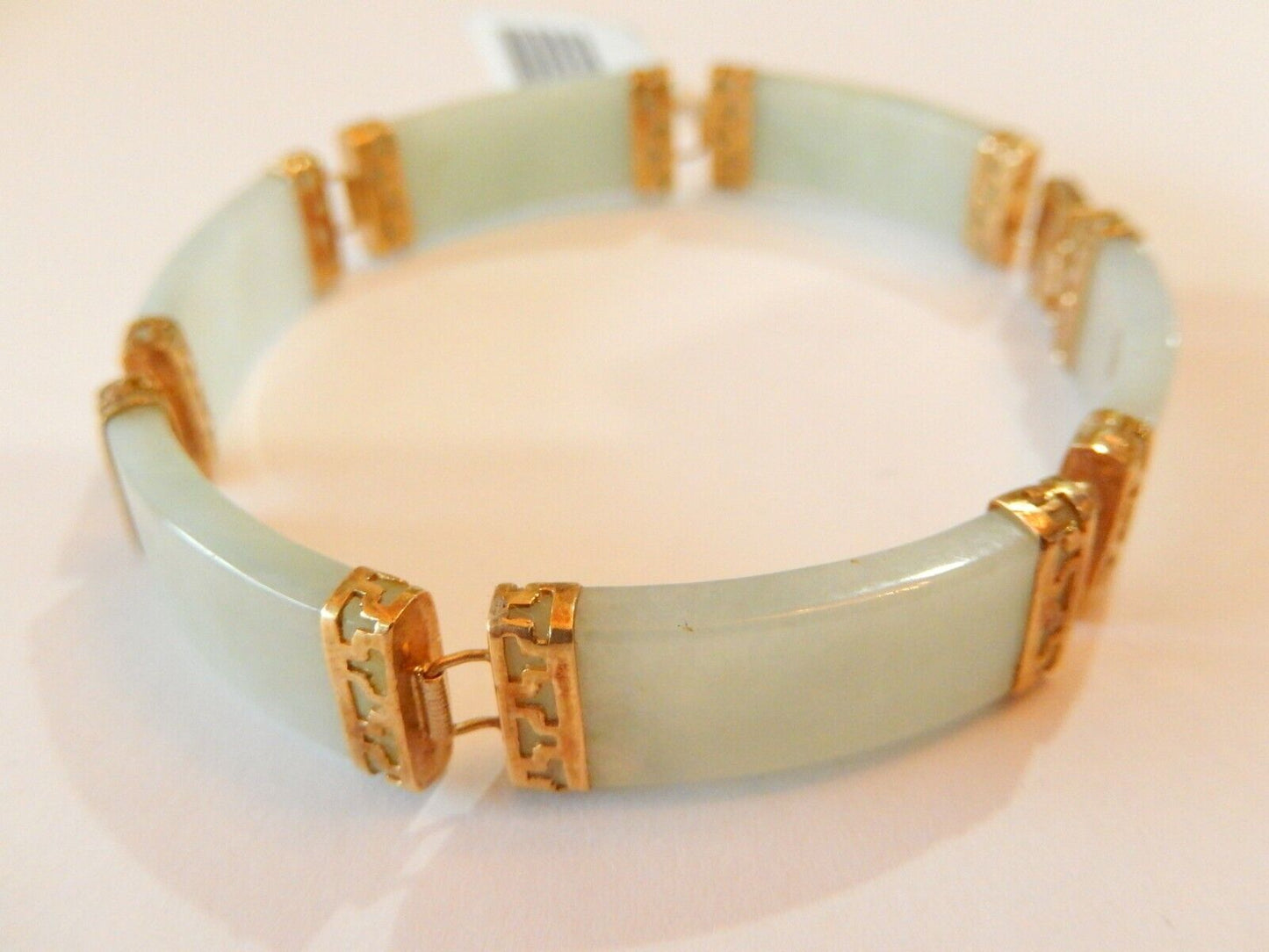 *VINTAGE* 14K Yellow Gold Green Jade Link Chinese Character Bracelet 7.5"