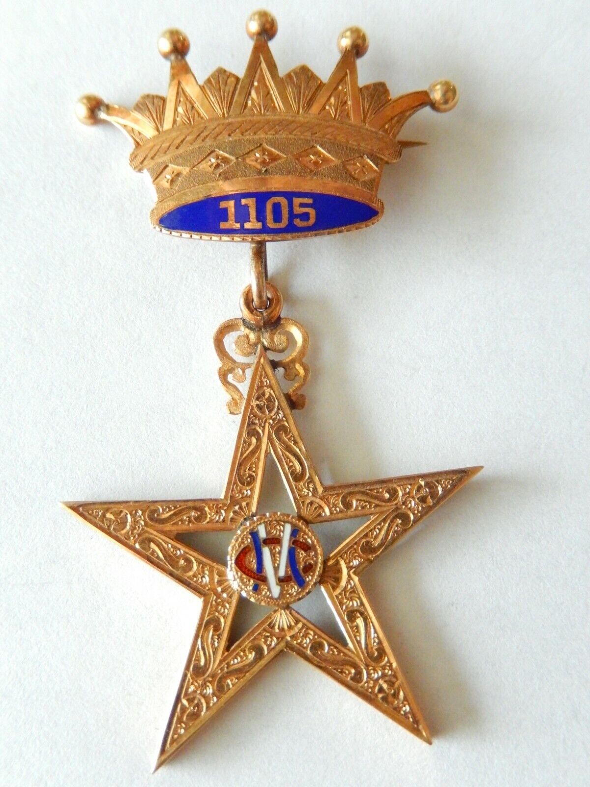 *RARE*  ANTIQUE  1905 14K MASONIC MEDAL PIN BADGE 1105 CROWN  WITH MASONIC  STAR