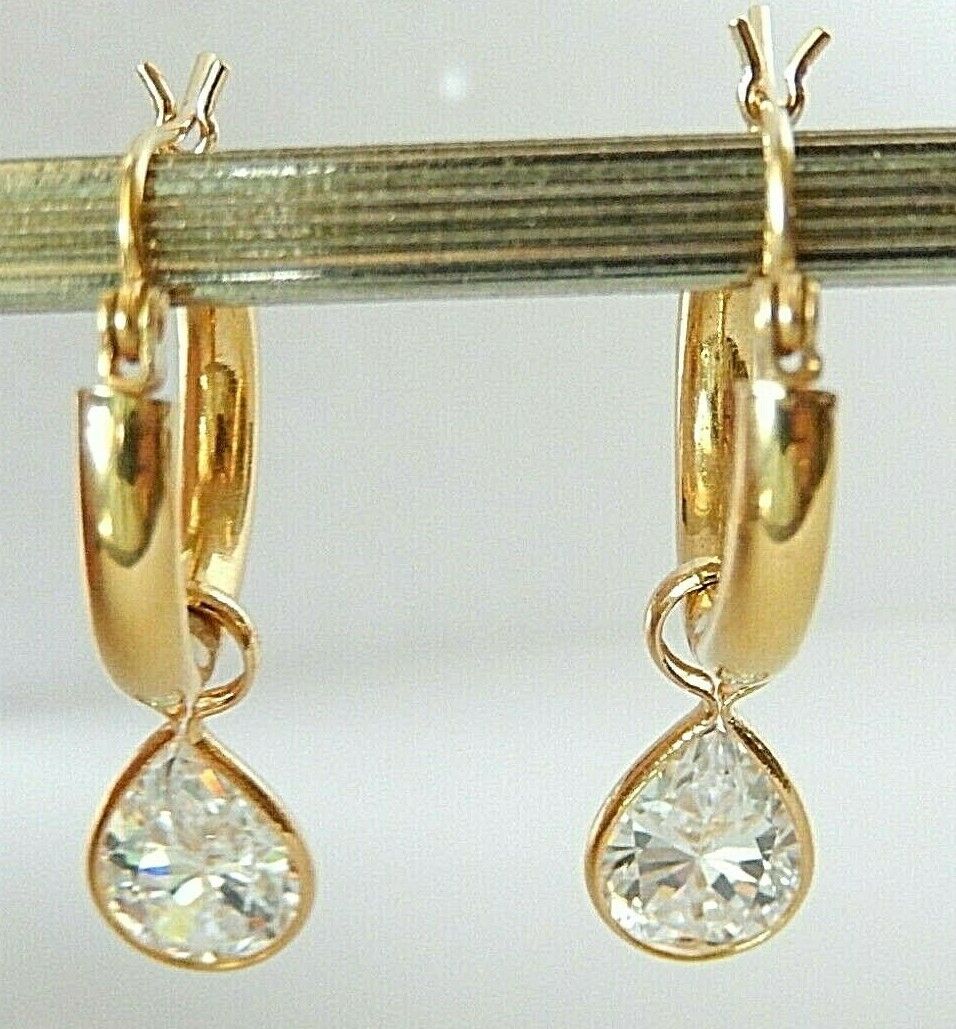 14K Yellow Gold Round Hoop Earrings With 3CT TW Dangling Pear CZ - Gorgeous -
