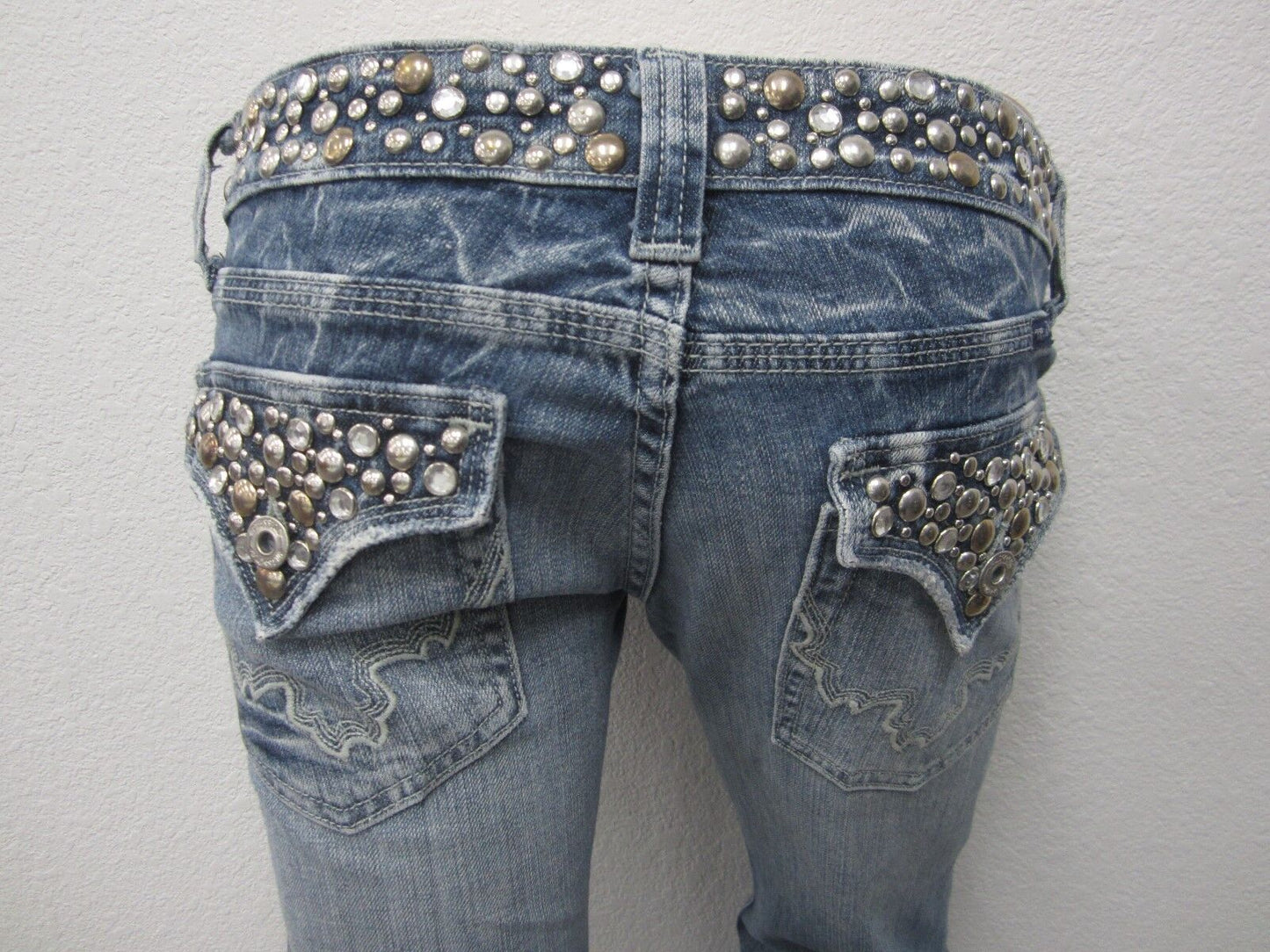 NICE Miss Me JP4288 Crystal Embellished Studded Flap Pocket Boot Cut Jeans 27x34