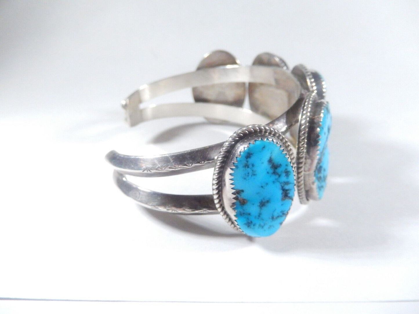 RICKY ORTIZ Navajo Sterling Silver Blue Turquoise HEAVY LARGE Cuff Bracelet