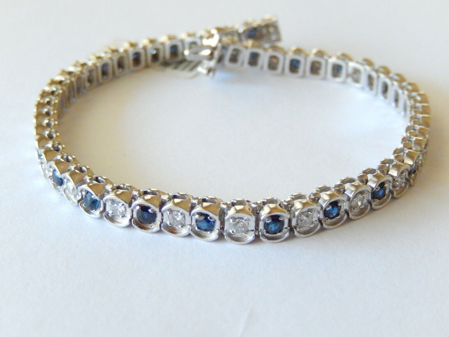 *VINTAGE* LADIES 14K WHITE GOLD 2.00CT BLUE SAPPHIRE & VS DIAMOND BRACELET 7.75"