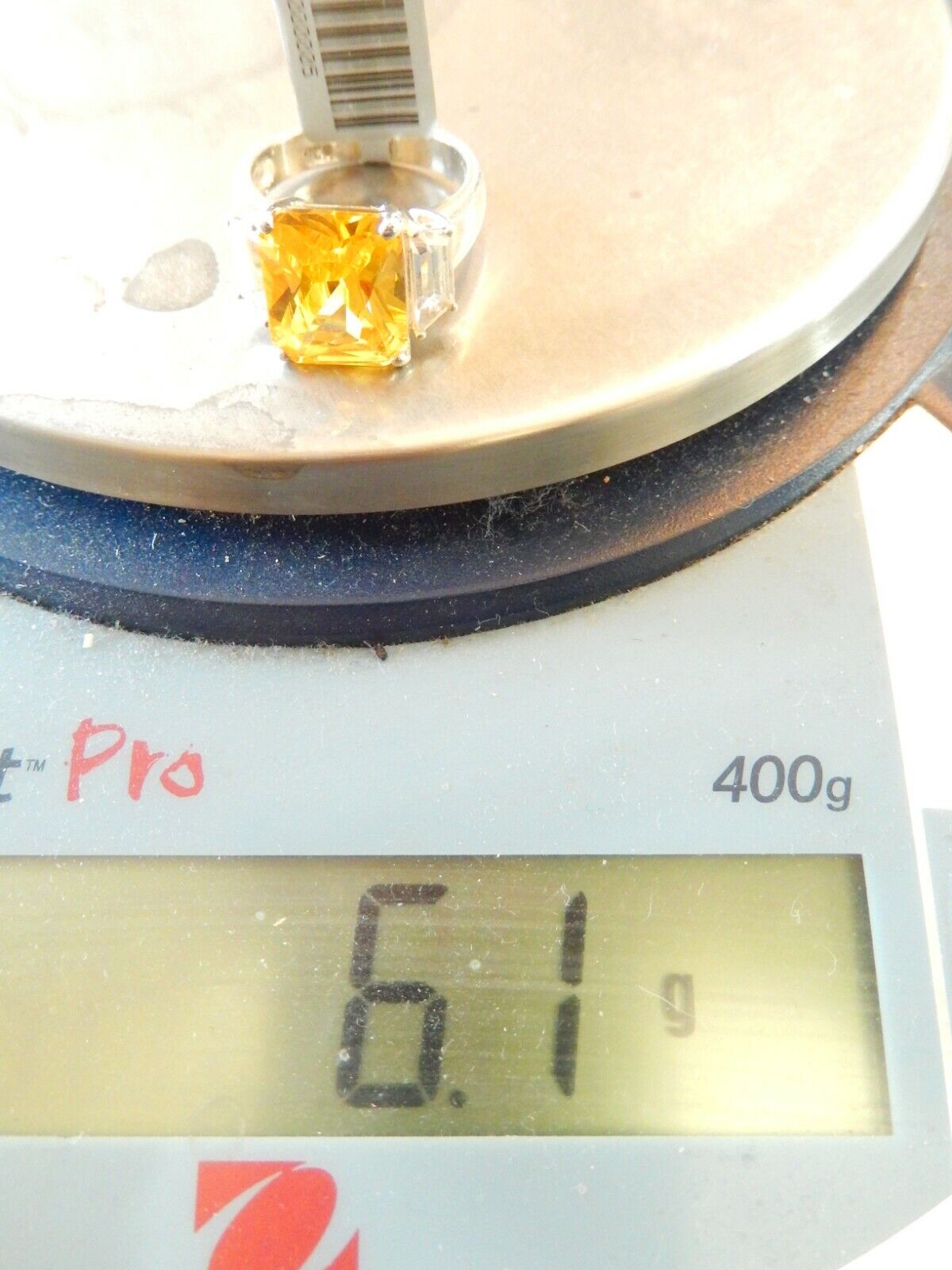 *VINTAGE*  Sterling Silver 5.0 CT Citrine  and CZ Ring  Size 6.5