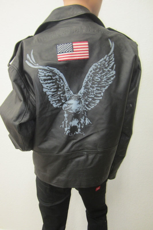 NICE-Bradford Exchange Biker Black Leather Eagle & American Flag Jacket Sz L 44"