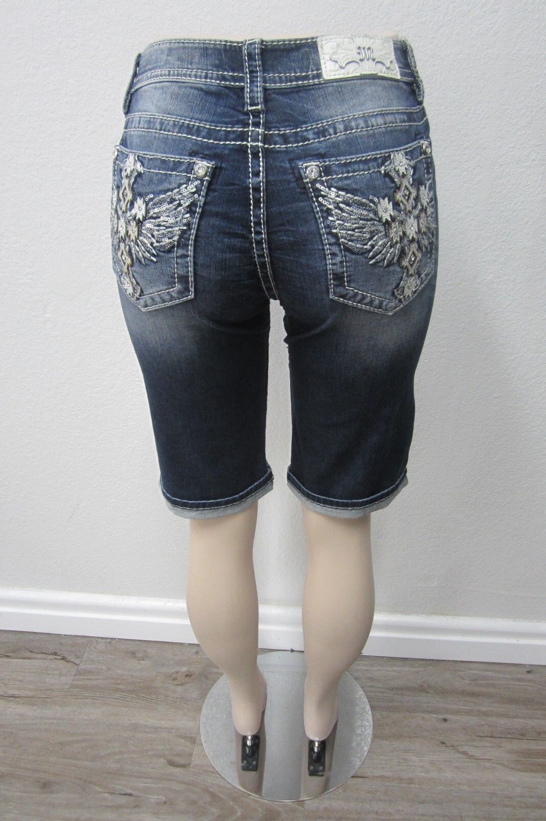 NWT Miss Me Bermuda Shorts Crystal Cross Wing Pockets  M3106M Size 26 x 12"