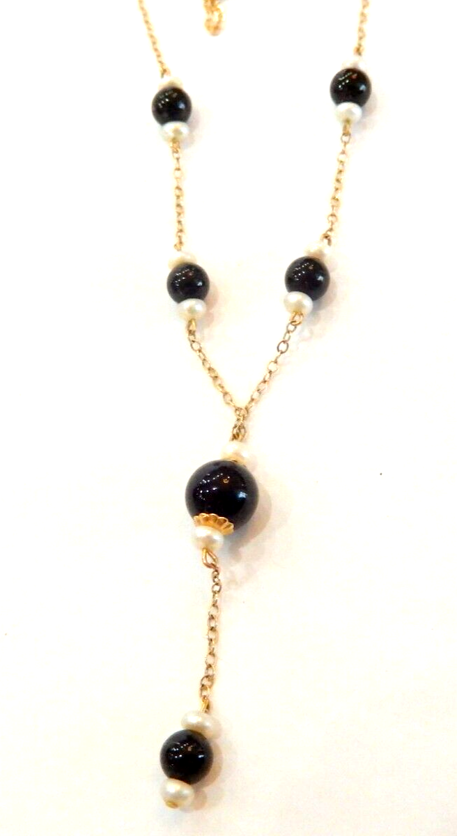 14k Yellow Gold, Black Onyx and Pearl Dangling Drop Necklace 16"