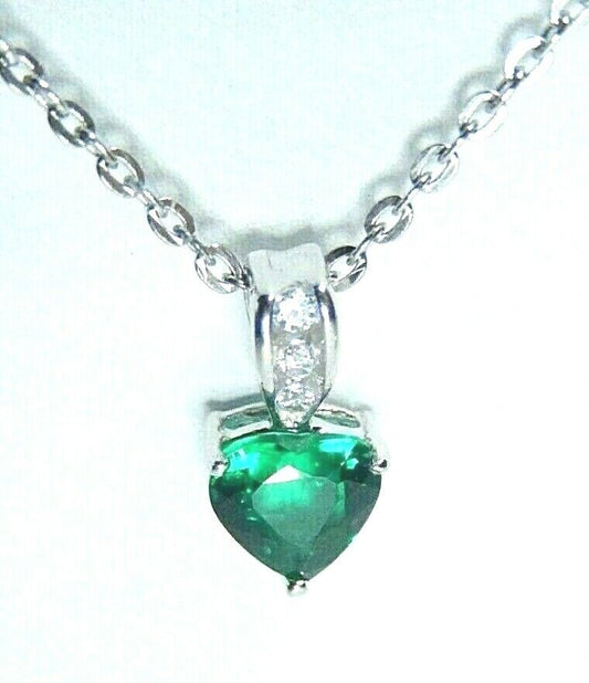 *NWT* 10k White Gold Heart Shape Emerald and Diamond Necklace w/ 18" Chain