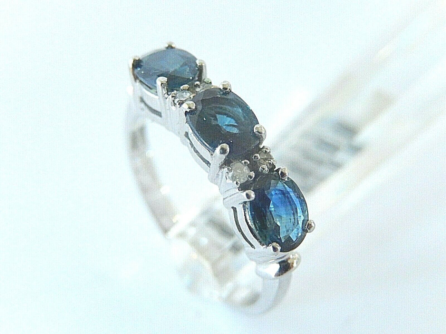 14K White Gold 3 Stone Natural Sapphire Oval & Diamond Ring Size 6.25
