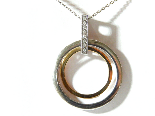 14k Yellow Gold & Sterling 1/12ctw Diamond Double Circle Eternity Pendant w/18"
