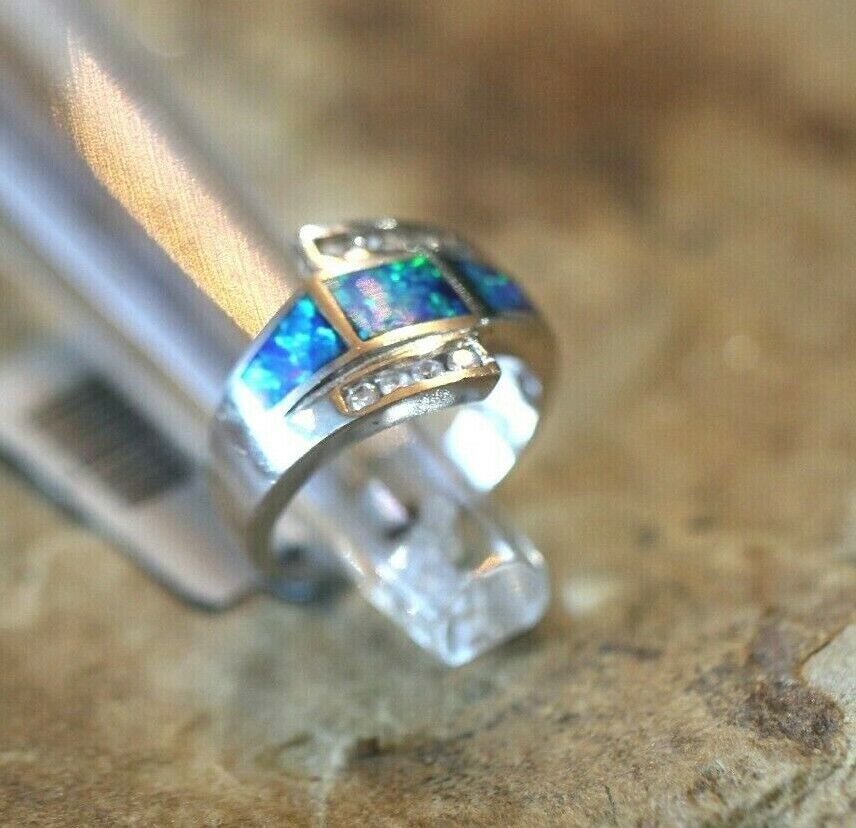 *VINTAGE*   FIRE OPAL Ring with CZ Crystals 925 STERLING SILVER Size 7.5
