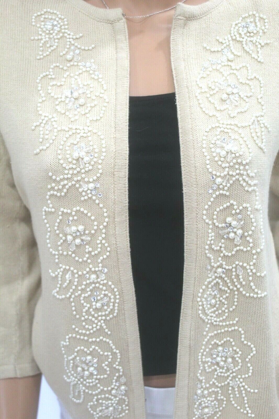 Liz Claiborne Beige Knit  Cardigan Sweater Pearl & Crystal Embellished Sz Med
