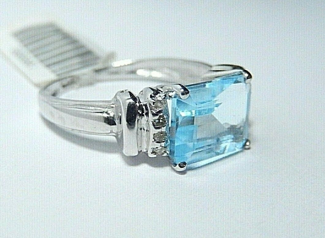 *NWT* 10K White Gold 2.50 CT Blue Topaz & Diamond Solitaire Ring Size 7.5