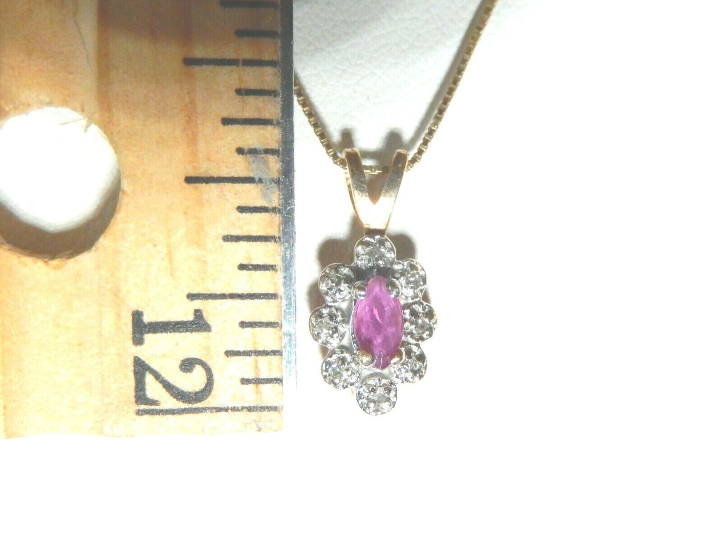 *VINTAGE* 14k Yellow Gold Marquise Ruby Pendant w/ 8 Diamond Halo w/18" 14kChain