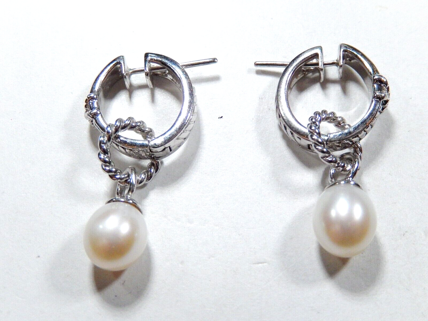 Sterling Silver 9mm x 8mm Oval Cultured Pearl 16mm Oval Hoop Dangle Earrings
