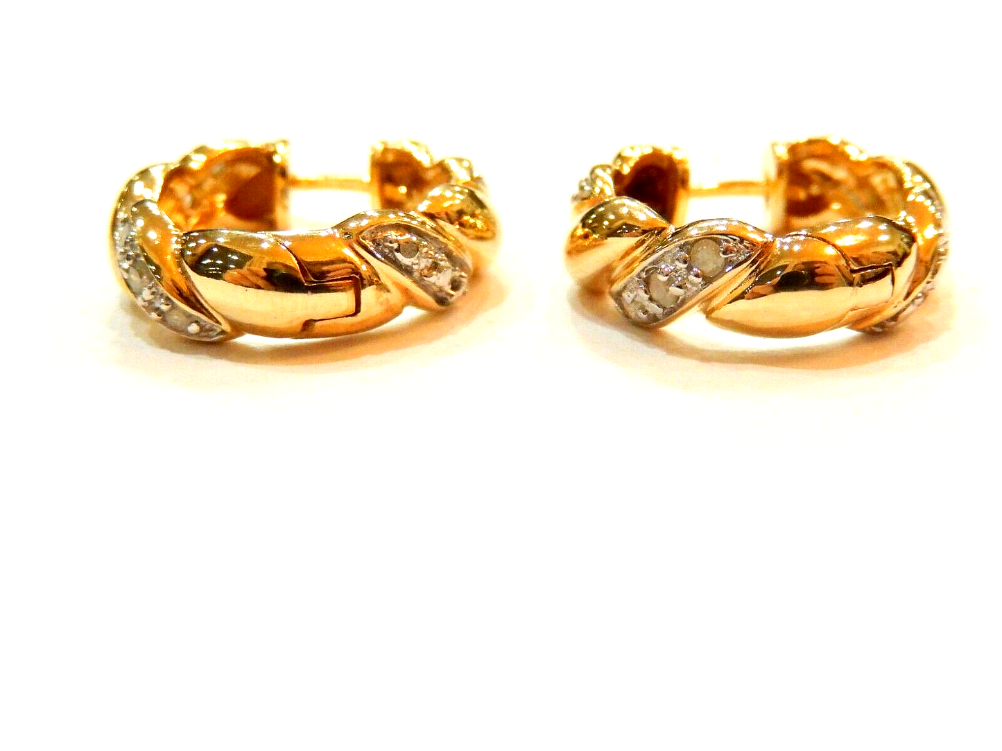 14K Yellow Gold Vermeil  Sterling  Real Diamond Hoop Earrings