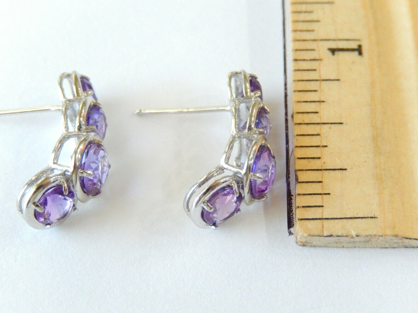 *NWT* 14K White Gold 4Ct Round Cut Amethyst Long Stud Earrings 1" x 5/16"