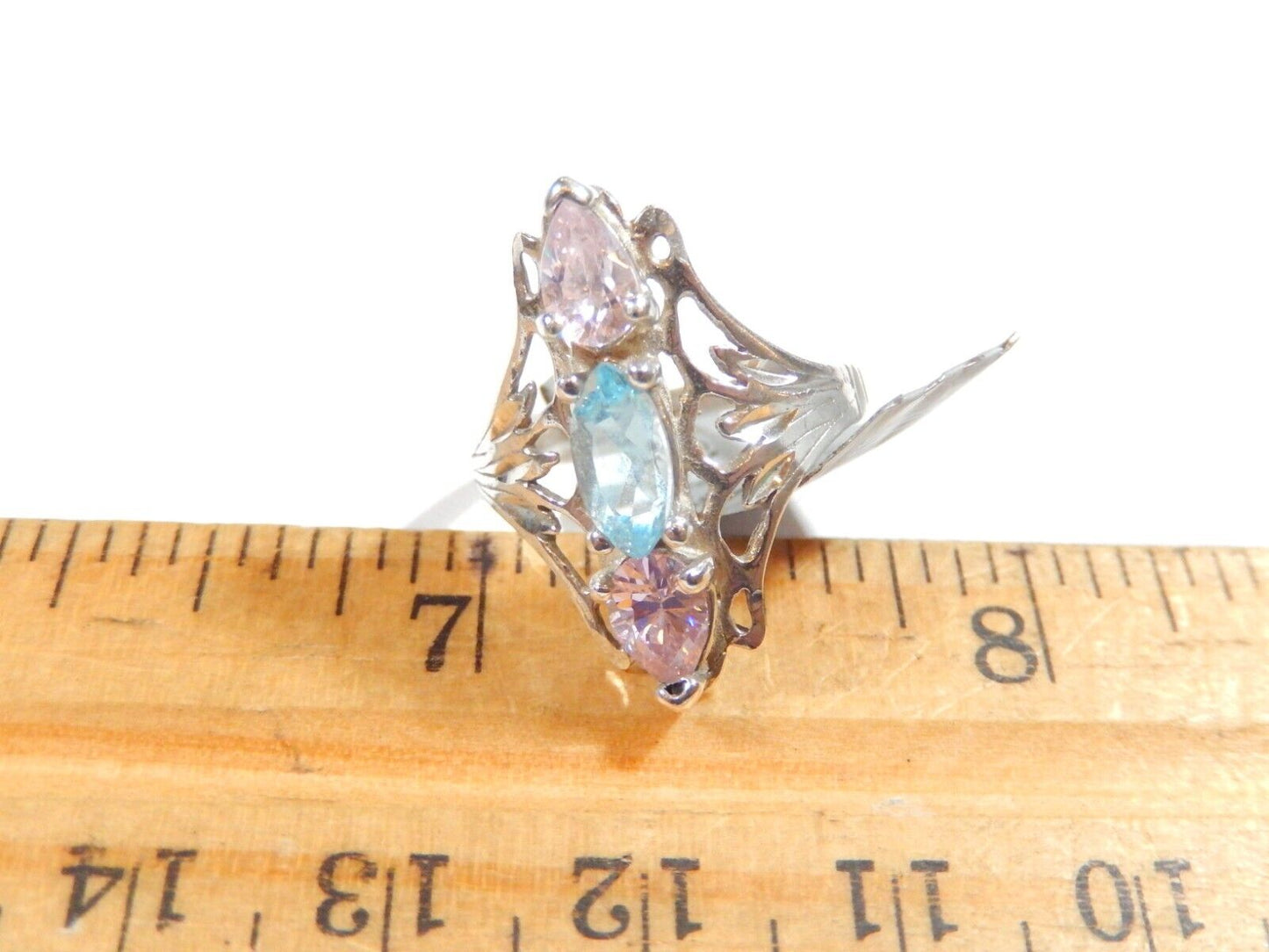 *VINTAGE* Pink Sapphire & Blue Topaz Gemstone Filigree Sterling Silver Ring Sz 7