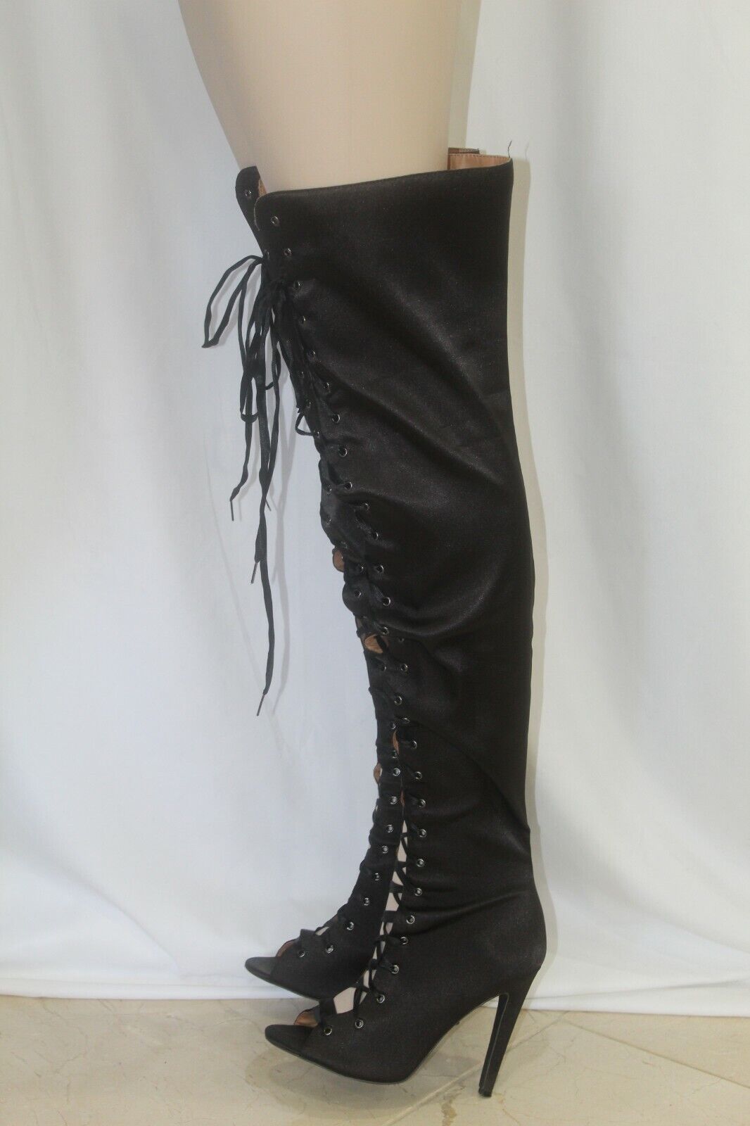 *NIB* Qupid Black  Peep toe Lace up Thigh high Boots Over the Knee Women's Shoes