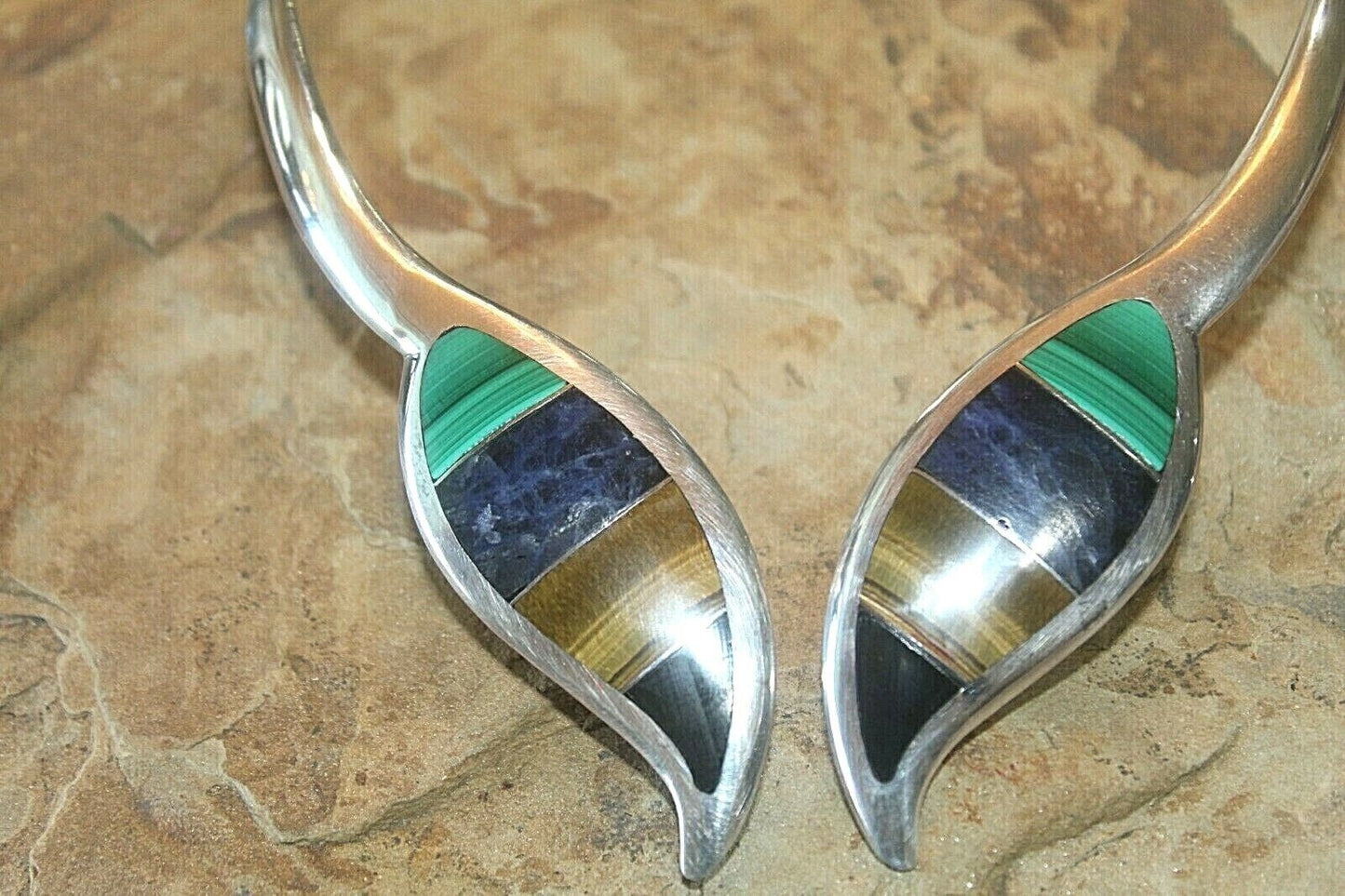 *VINTAGE* Taxco Mexico Sterling Silver & Multi Gem Hinged Choker Collar Necklace