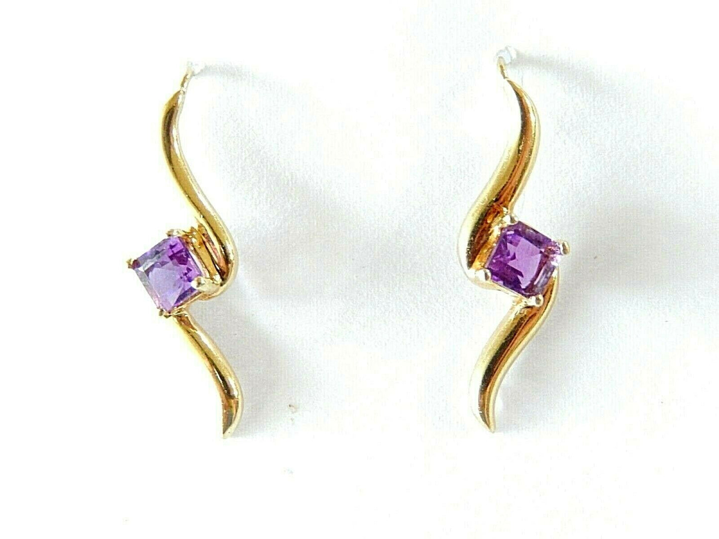 14K Solid Yellow Gold Princess Cut 4X4mm Purple Amethyst Drop Earrings