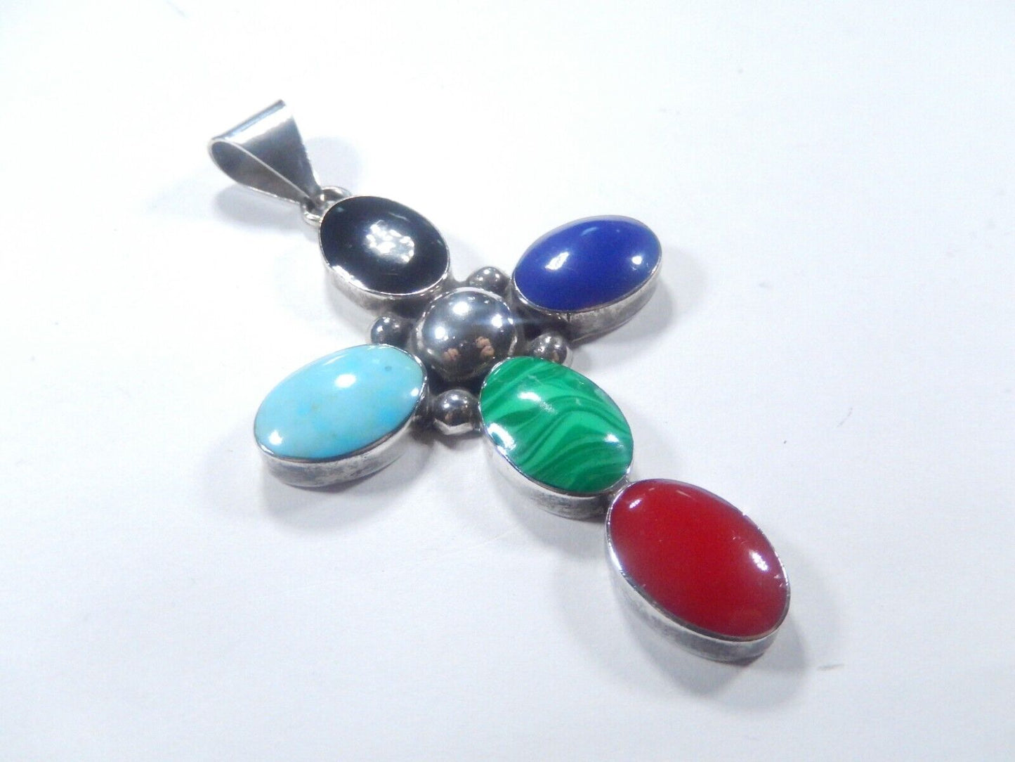 *VINTAGE*  Large Sterling Taxco Mexico Multi Gemstone Cross Pendant 3.5" Tall