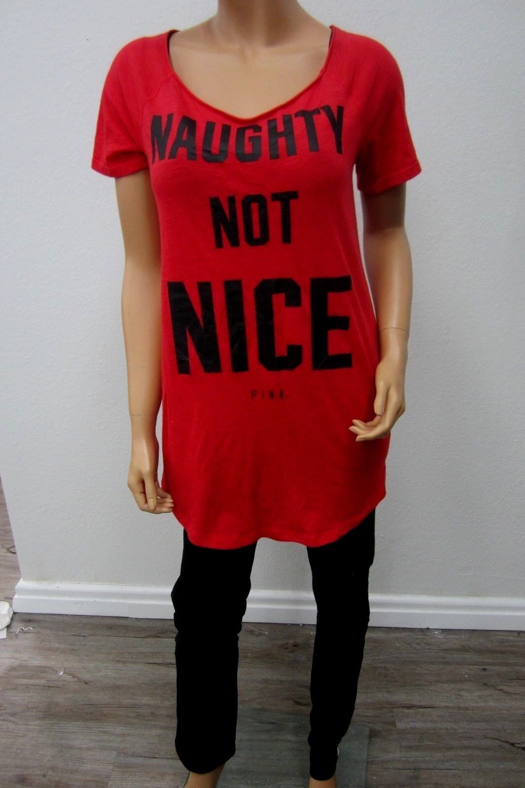 Victoria's Secret PINK SEXY Shirt Naughty Not Nice Red Raglan S/P