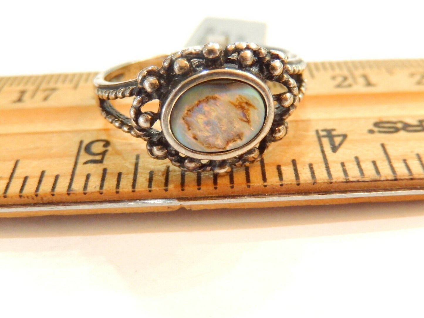 STERLING SILVER 925 SOLITAIRE ABALONE WITH BEADWORK  RING SIZE 11