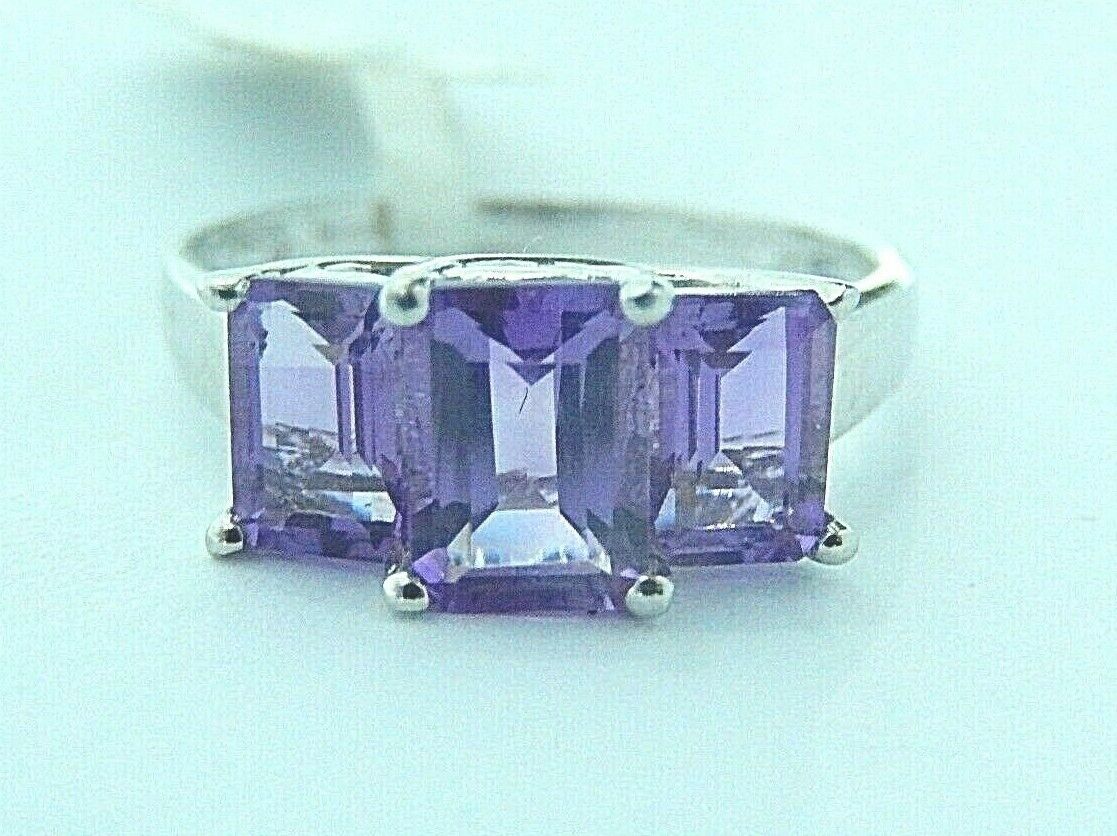 10k White Gold 2.50 Ct Emerald Cut Natural Amethyst 3-Stone Ladies Ring Sz 7.25