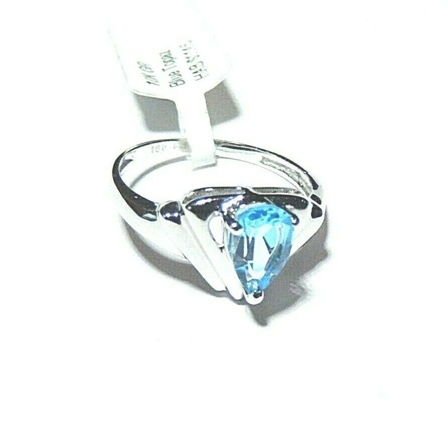 *NWT* 10k White Gold Modern Style Genuine .75CT London Blue Pear Topaz Ring Sz 7