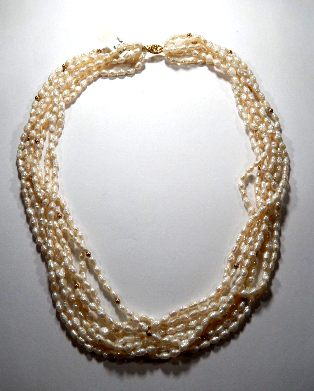 14K Solid Gold Bead Accent 7 Strand Freshwater Rice Pearl Necklace 18"”