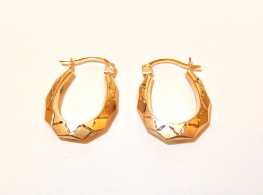 14K Gold Diamond Cut Oval Fancy Design Hoop Earrings 22mm x 16mm