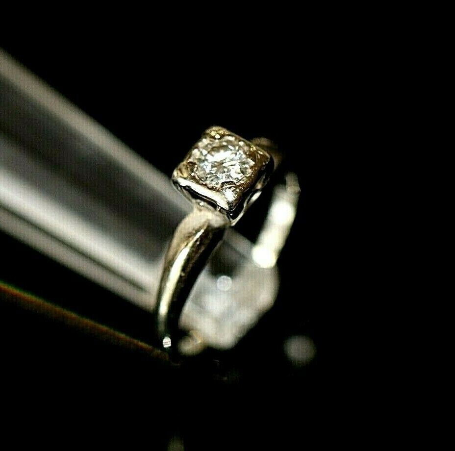 *VINTAGE*  14K White Gold  Natural Diamond Solitaire Engagement Ring Size 6