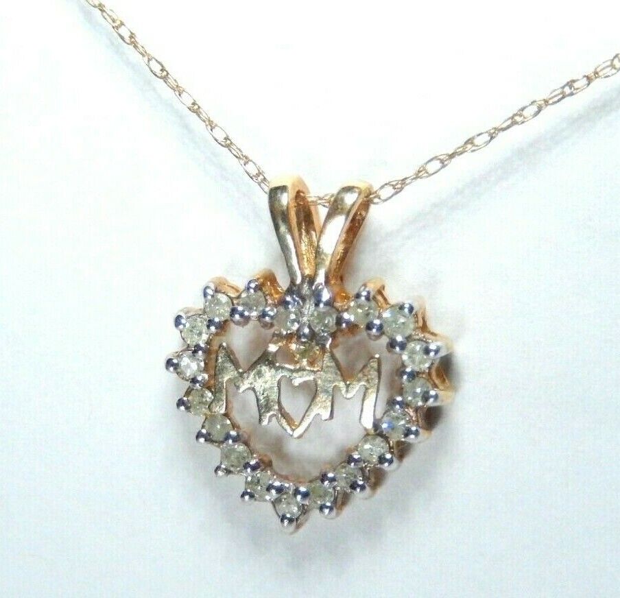 10K Yellow Gold  "MOM" .25CT Natural Diamond Heart Pendant w/18" Chain